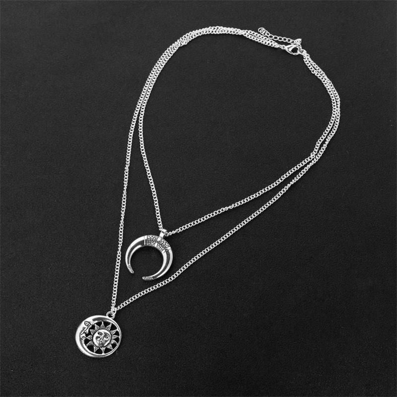 Vintage Soleil Lune Pendentif Collier Charme Chaîne Multicouche Collier Bijoux Pour Femmes