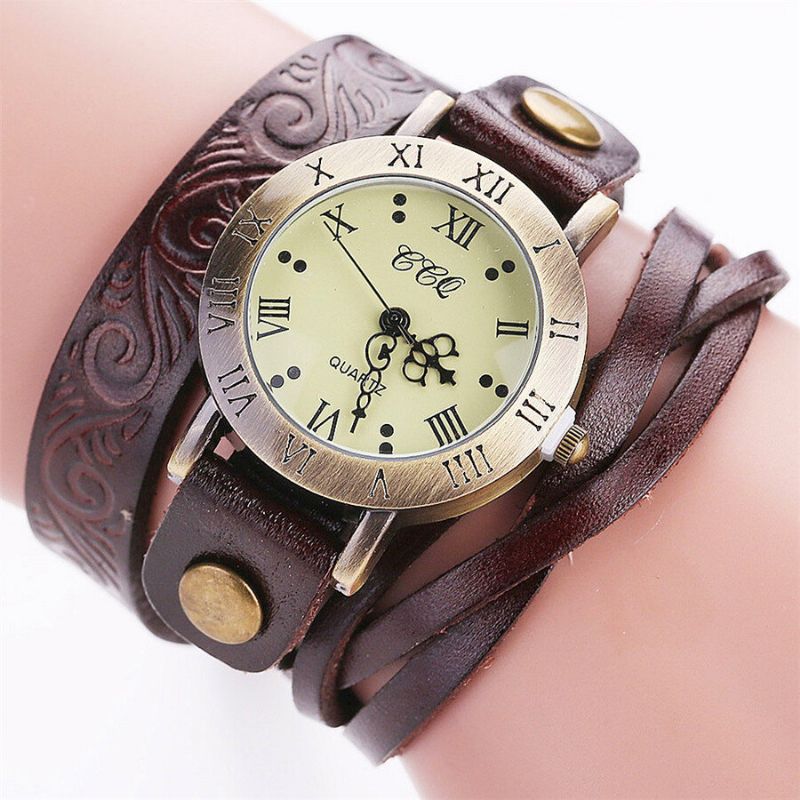 Vintage Style Rétro Femmes Montre À Quartz Peau De Vache Entaillé Chiffre Romain Cuir Cercle Montre-bracelet