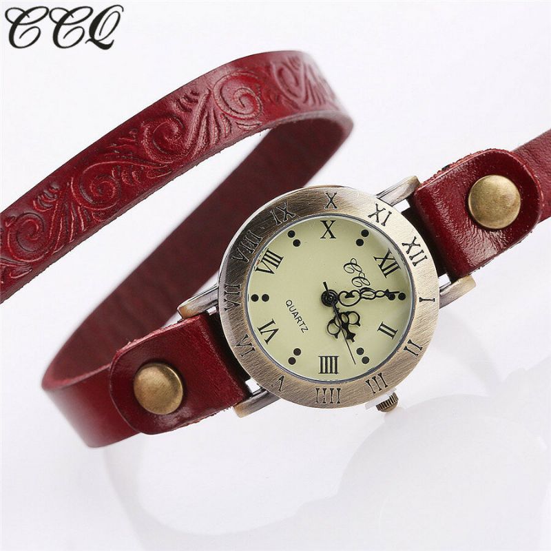 Vintage Style Rétro Femmes Montre À Quartz Peau De Vache Entaillé Chiffre Romain Cuir Cercle Montre-bracelet