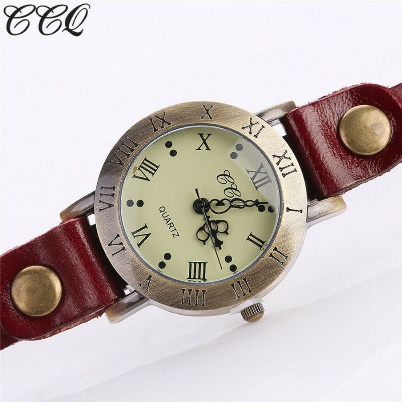 Vintage Style Rétro Femmes Montre À Quartz Peau De Vache Entaillé Chiffre Romain Cuir Cercle Montre-bracelet