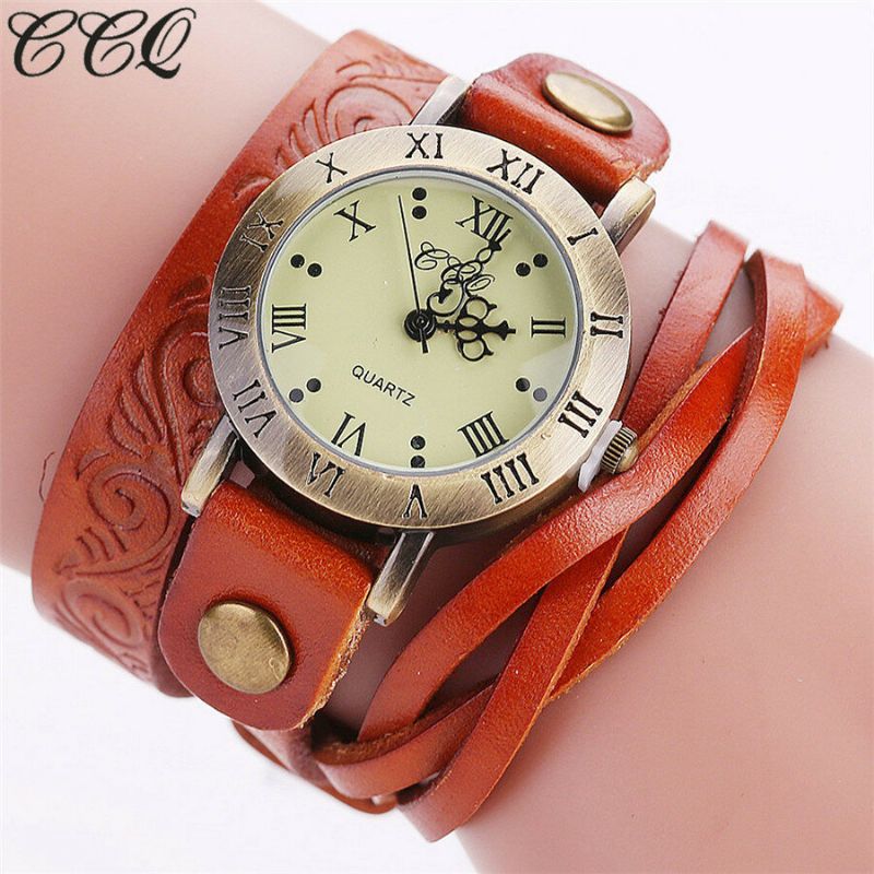 Vintage Style Rétro Femmes Montre À Quartz Peau De Vache Entaillé Chiffre Romain Cuir Cercle Montre-bracelet