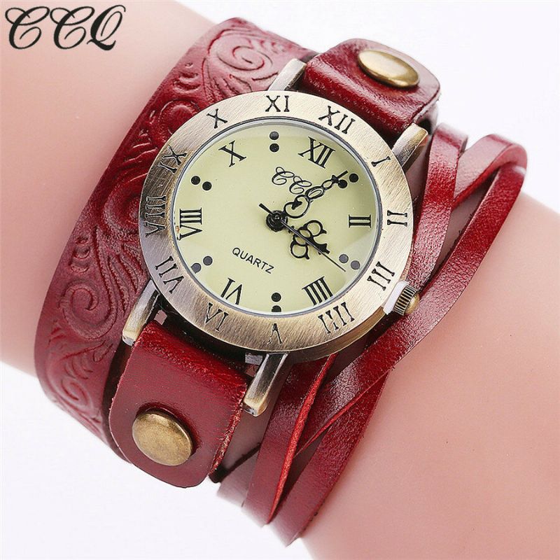 Vintage Style Rétro Femmes Montre À Quartz Peau De Vache Entaillé Chiffre Romain Cuir Cercle Montre-bracelet