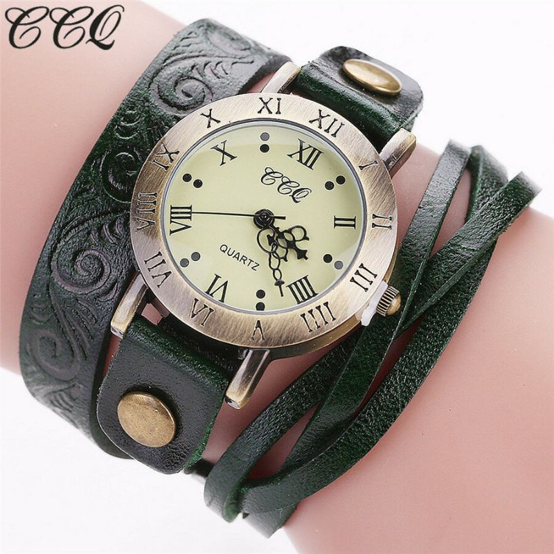 Vintage Style Rétro Femmes Montre À Quartz Peau De Vache Entaillé Chiffre Romain Cuir Cercle Montre-bracelet