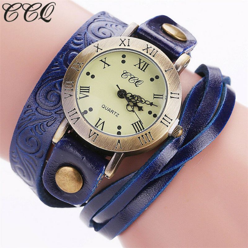 Vintage Style Rétro Femmes Montre À Quartz Peau De Vache Entaillé Chiffre Romain Cuir Cercle Montre-bracelet