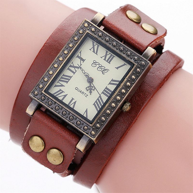 Vintage Style Rétro Hommes Montre Rectangle Cadran Bracelet En Cuir Réglable Deux Fermoirs Femmes Montre À Quartz