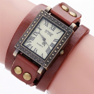 Vintage Style Rétro Hommes Montre Rectangle Cadran Bracelet En Cuir Réglable Deux Fermoirs Femmes Montre À Quartz