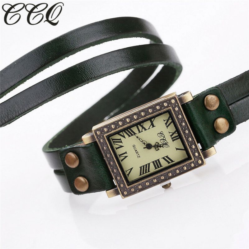 Vintage Style Rétro Hommes Montre Rectangle Cadran Bracelet En Cuir Réglable Deux Fermoirs Femmes Montre À Quartz