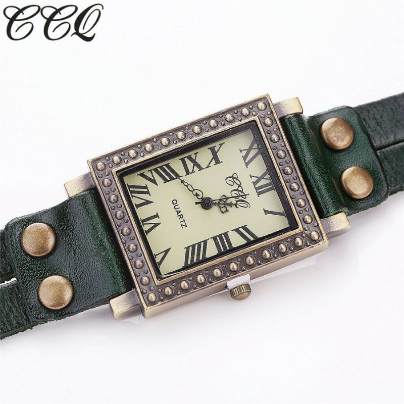 Vintage Style Rétro Hommes Montre Rectangle Cadran Bracelet En Cuir Réglable Deux Fermoirs Femmes Montre À Quartz