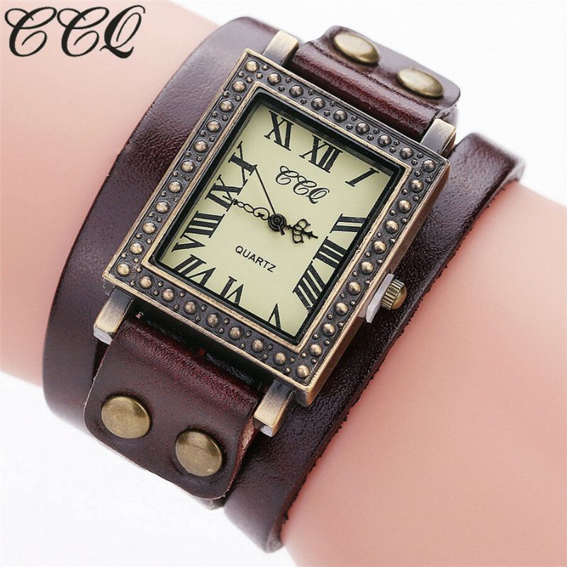 Vintage Style Rétro Hommes Montre Rectangle Cadran Bracelet En Cuir Réglable Deux Fermoirs Femmes Montre À Quartz