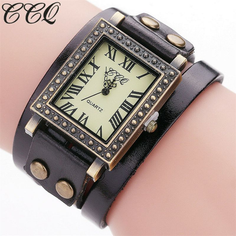 Vintage Style Rétro Hommes Montre Rectangle Cadran Bracelet En Cuir Réglable Deux Fermoirs Femmes Montre À Quartz