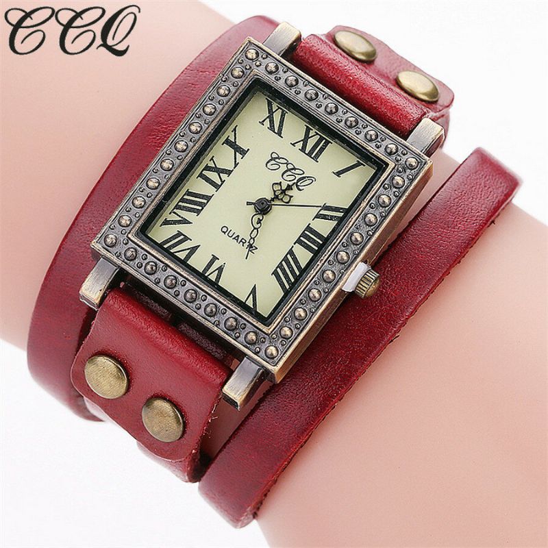 Vintage Style Rétro Hommes Montre Rectangle Cadran Bracelet En Cuir Réglable Deux Fermoirs Femmes Montre À Quartz