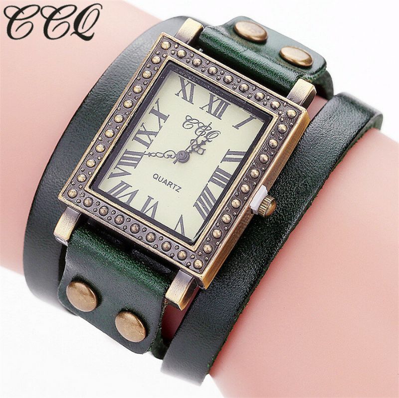 Vintage Style Rétro Hommes Montre Rectangle Cadran Bracelet En Cuir Réglable Deux Fermoirs Femmes Montre À Quartz