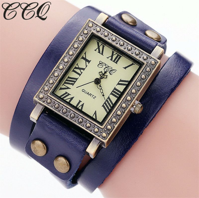 Vintage Style Rétro Hommes Montre Rectangle Cadran Bracelet En Cuir Réglable Deux Fermoirs Femmes Montre À Quartz