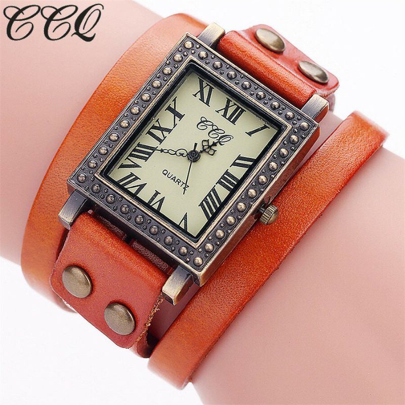 Vintage Style Rétro Hommes Montre Rectangle Cadran Bracelet En Cuir Réglable Deux Fermoirs Femmes Montre À Quartz