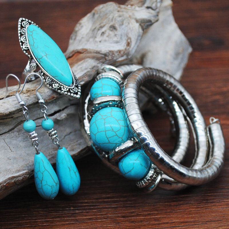 Vintage Turquoise Goutte D'eau Pendentif Boucles D'oreilles Ethnique Turquoise Collier Boucle D'oreille Bague Bracelet Ensemble