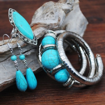 Vintage Turquoise Goutte D'eau Pendentif Boucles D'oreilles Ethnique Turquoise Collier Boucle D'oreille Bague Bracelet Ensemble