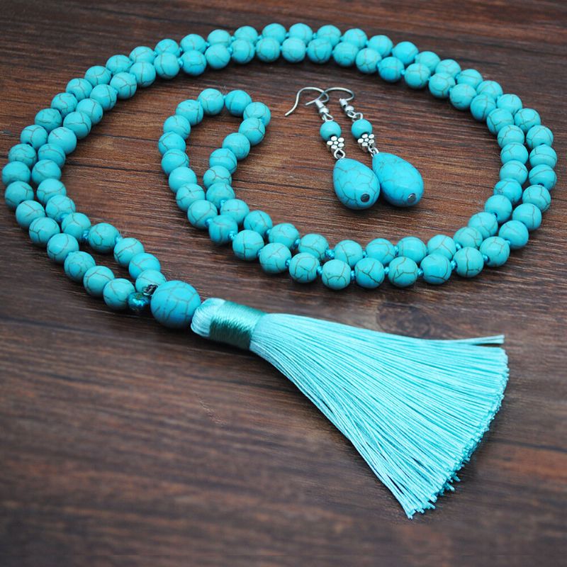 Vintage Turquoise Goutte D'eau Pendentif Boucles D'oreilles Ethnique Turquoise Collier Boucle D'oreille Bague Bracelet Ensemble