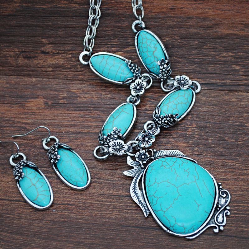 Vintage Turquoise Goutte D'eau Pendentif Boucles D'oreilles Ethnique Turquoise Collier Boucle D'oreille Bague Bracelet Ensemble