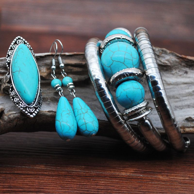 Vintage Turquoise Goutte D'eau Pendentif Boucles D'oreilles Ethnique Turquoise Collier Boucle D'oreille Bague Bracelet Ensemble