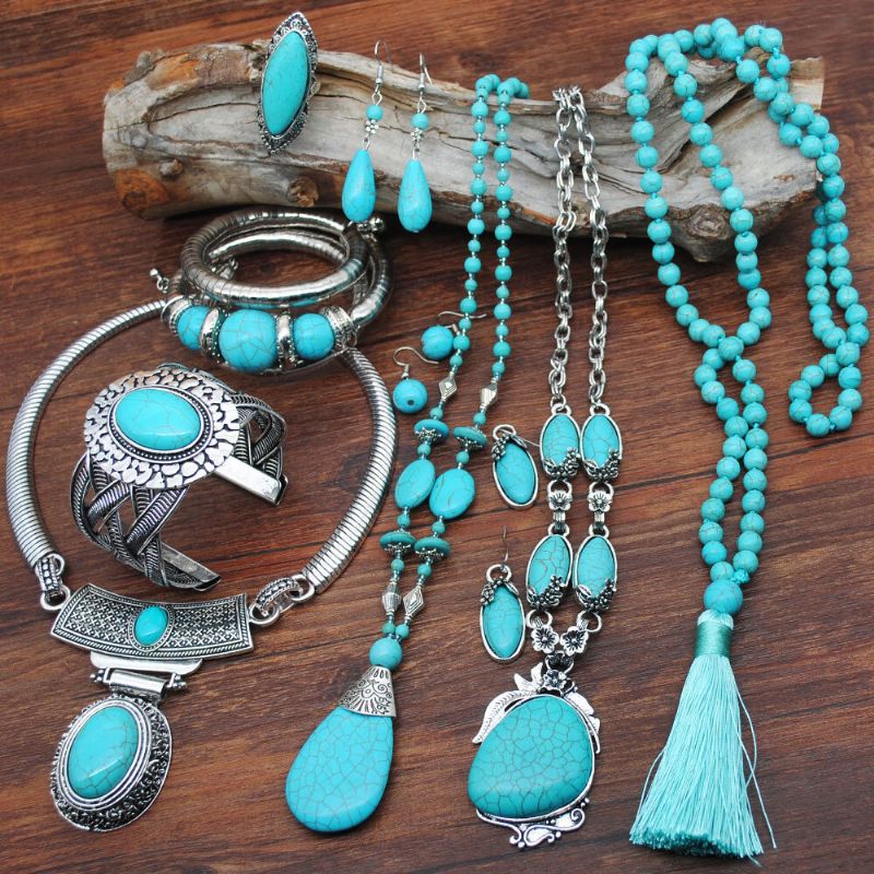 Vintage Turquoise Goutte D'eau Pendentif Boucles D'oreilles Ethnique Turquoise Collier Boucle D'oreille Bague Bracelet Ensemble