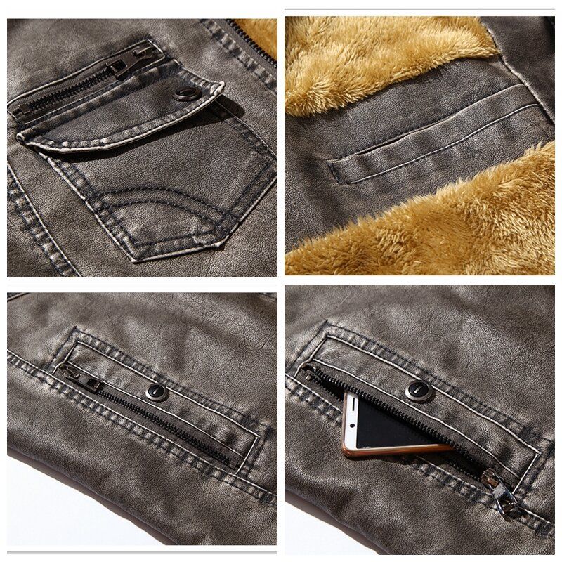 Winter Fleece Warm Pu Faux Leather Motorcycle Biker Jacket