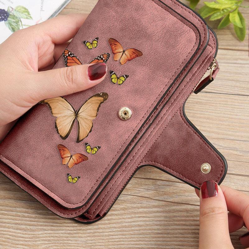 Women Butterfly Four Fold Wallet Purse 14 Card Slot 5.5 Inch Phone Bag