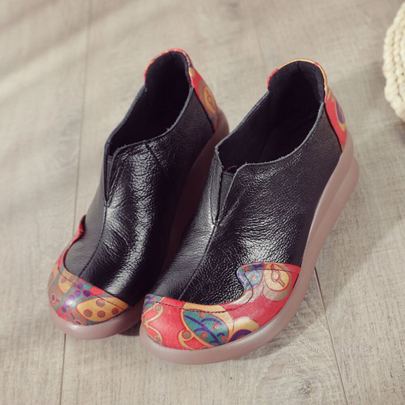 Women Retro Ethnic Floral Pattern Splicing Wedges Antidérapants Légers