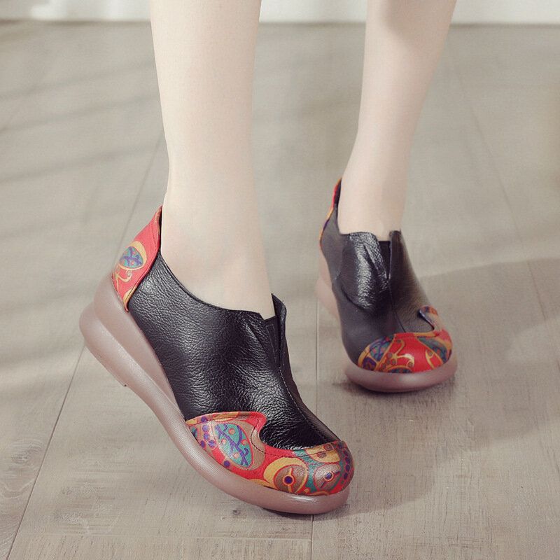 Women Retro Ethnic Floral Pattern Splicing Wedges Antidérapants Légers