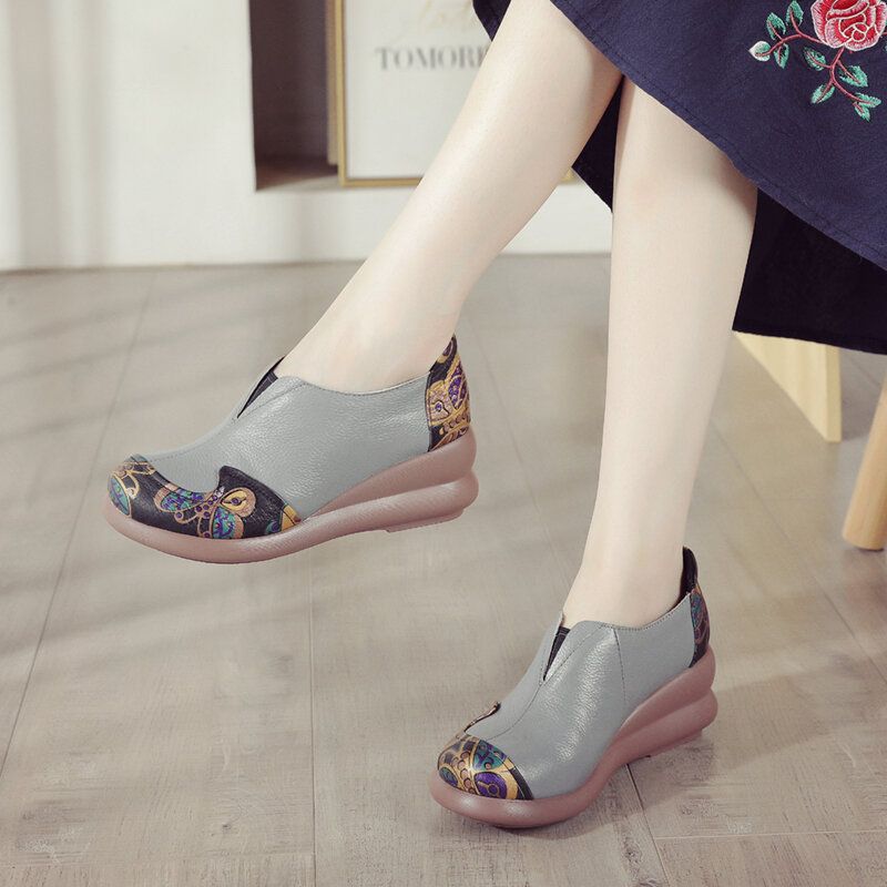 Women Retro Ethnic Floral Pattern Splicing Wedges Antidérapants Légers