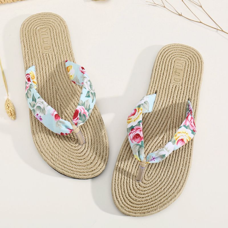 Womens Clip Toe Floral Massage Soles Beach Flats Sandals